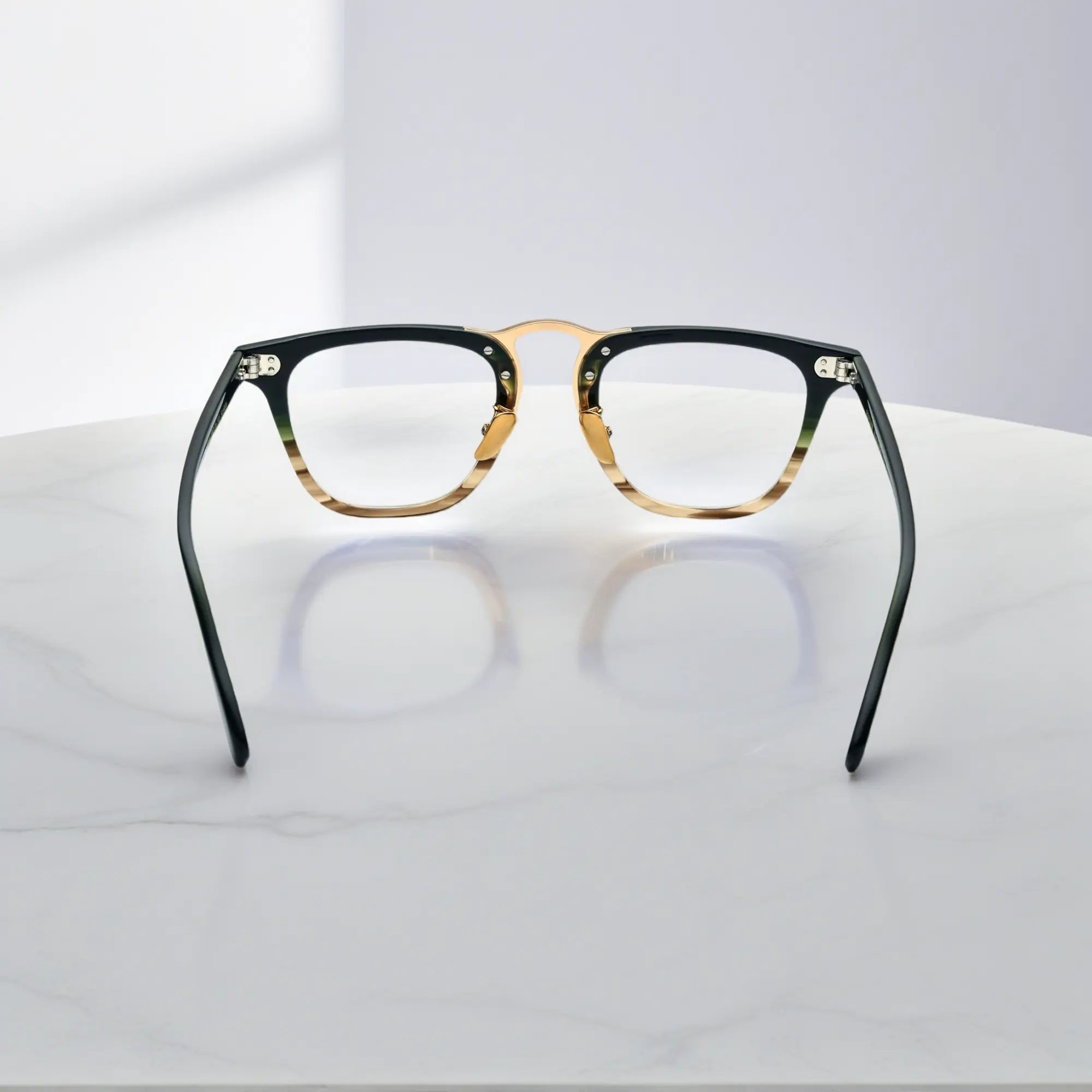 Rear angle of VoyueLens™ VL19214 gold striped square acetate eyeglasses showcasing ergonomic design and stylish arms.